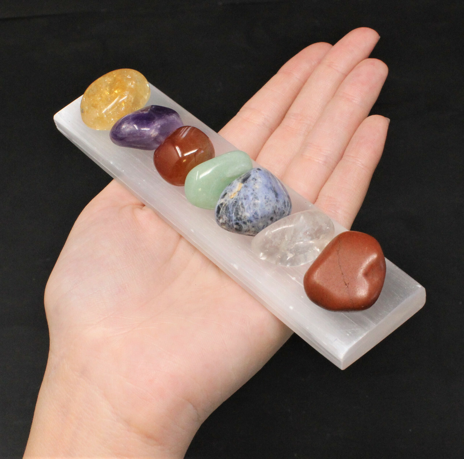 CHAKRA BALANCING: 7 Tumble Stones Pouch Polished Selenite Charging Plate + Guide