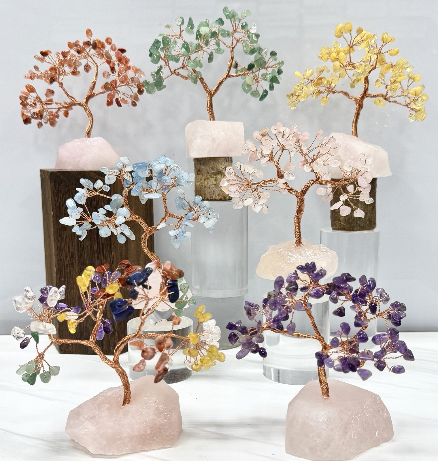 Wholesale 7 Pcs Bonsai Tree With Rose Quartz Base Natural Crystal Healing Energy