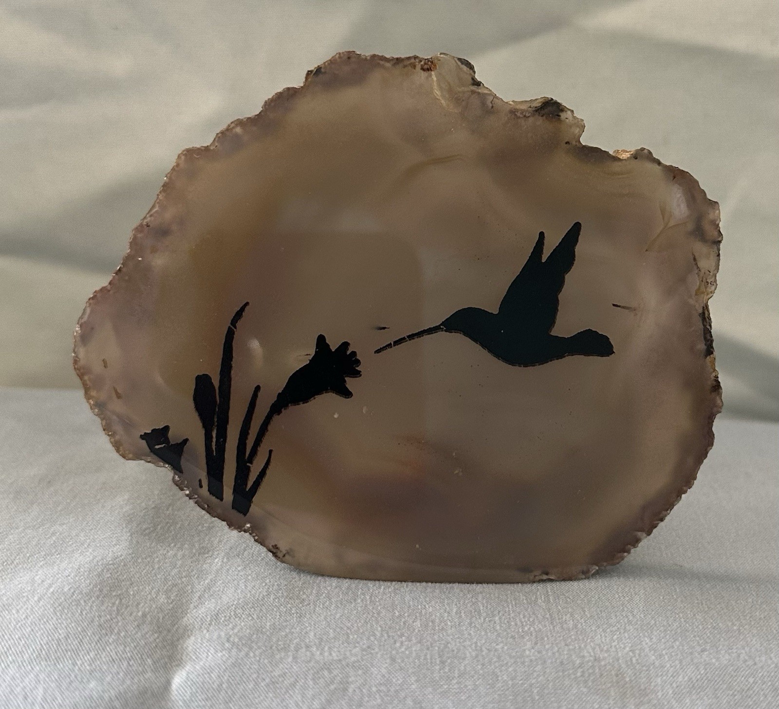 Vintage Agate Slice Hand Painted Hummingbird And Flower Natural