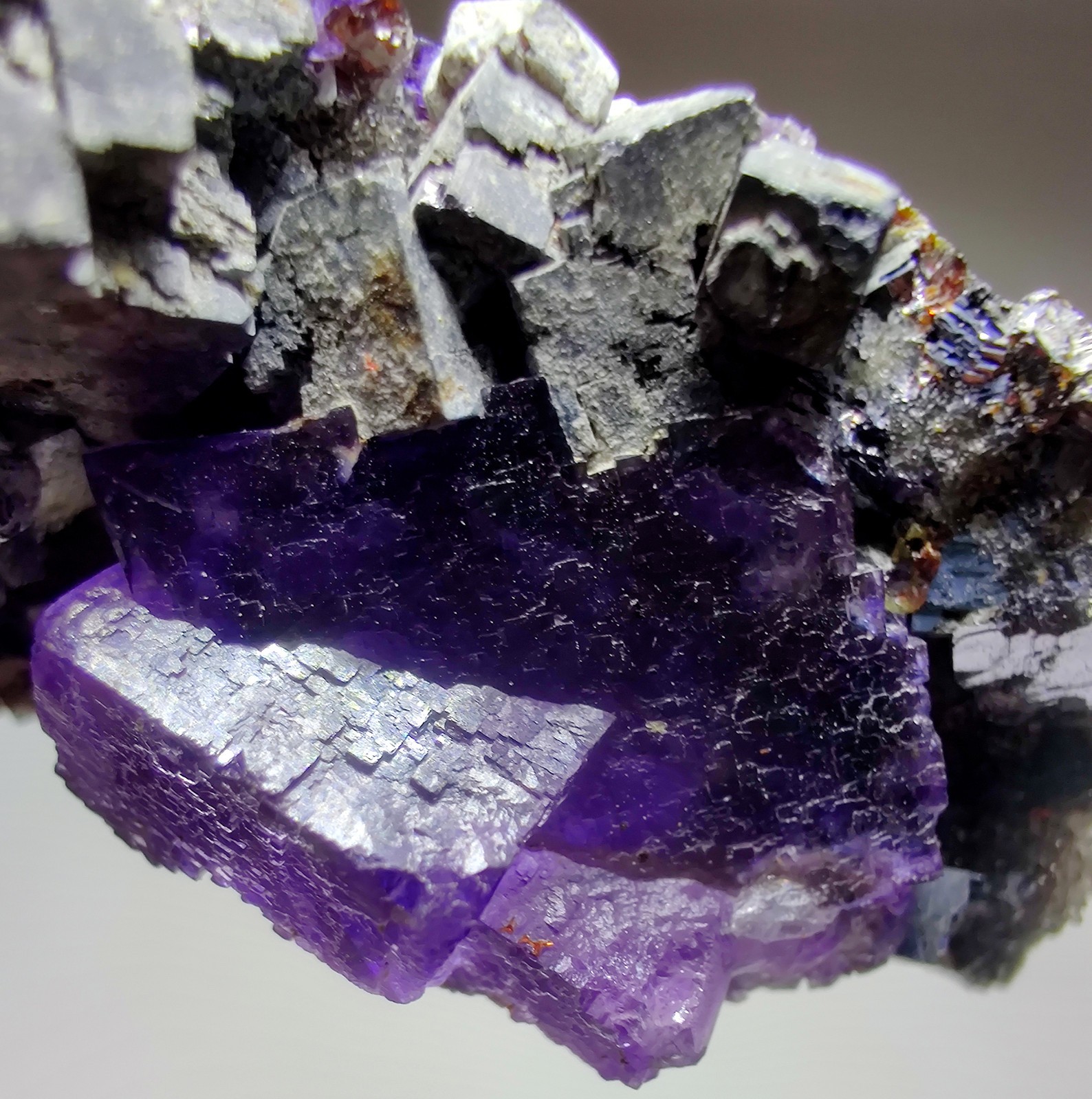 Fluorite on Galena, Sphalerite, Quartz crystals. Illinois. 25 grams.
