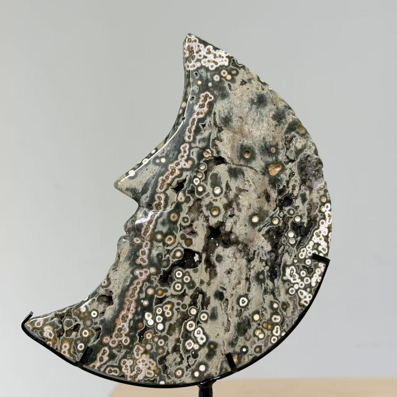 1.5LB Natural 8th Vein Ocean Jasper Crescent Moon Face Crystal Specimen Decor