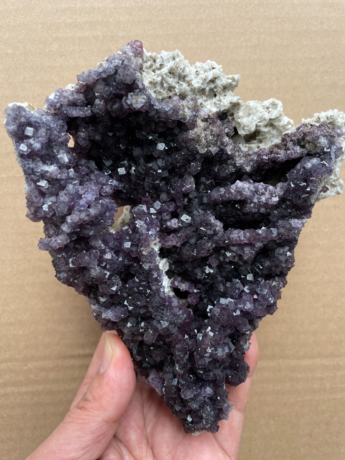 570g Natural cube fluorite on gypsum color-changing magical Landscape stone