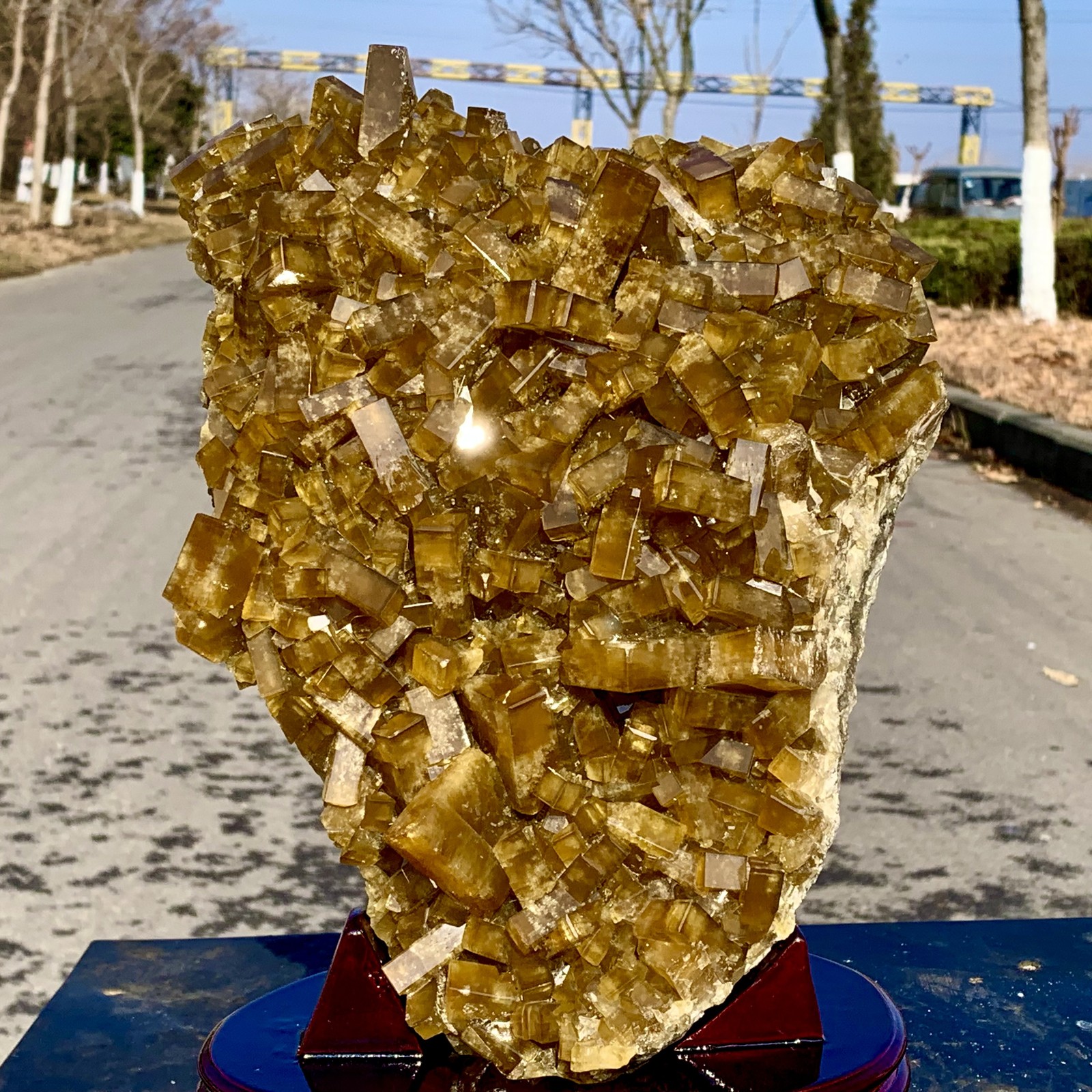 16.14LBShiny Golden Cuboid Barite Crystal Based on the Purple Spherical Fluorite