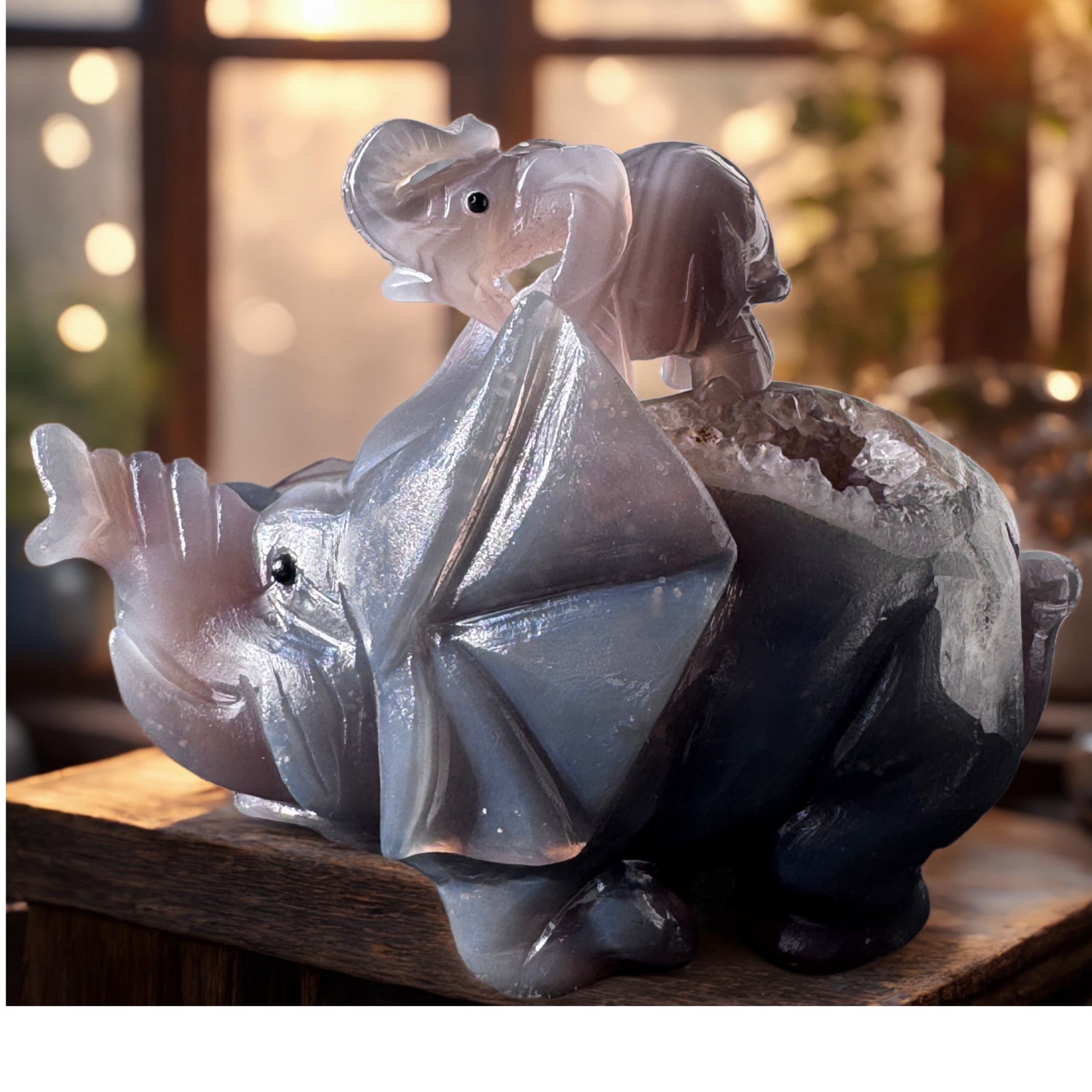 Agate Geode Elephant Sculpture – Carved from a Natural Cave of Stone & Crystal