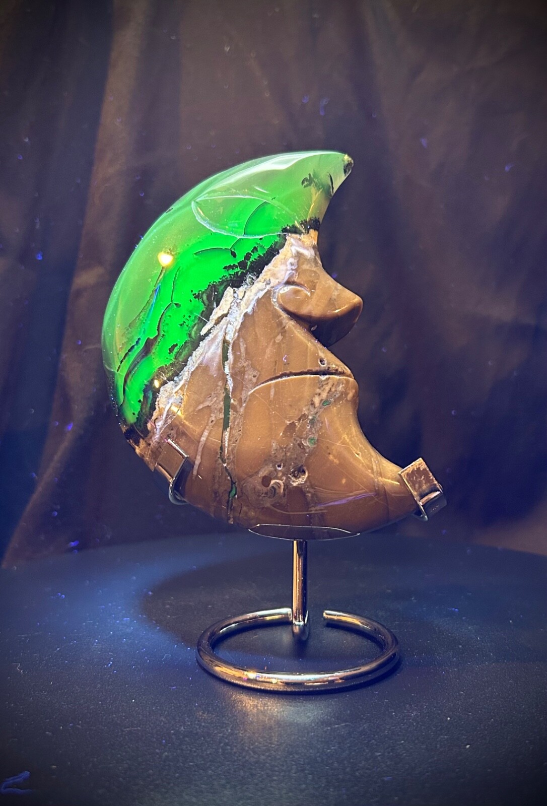 5.25″ Volcano Agate Moon With Custom Metal Stand 1lb 1 oz UV Reactive