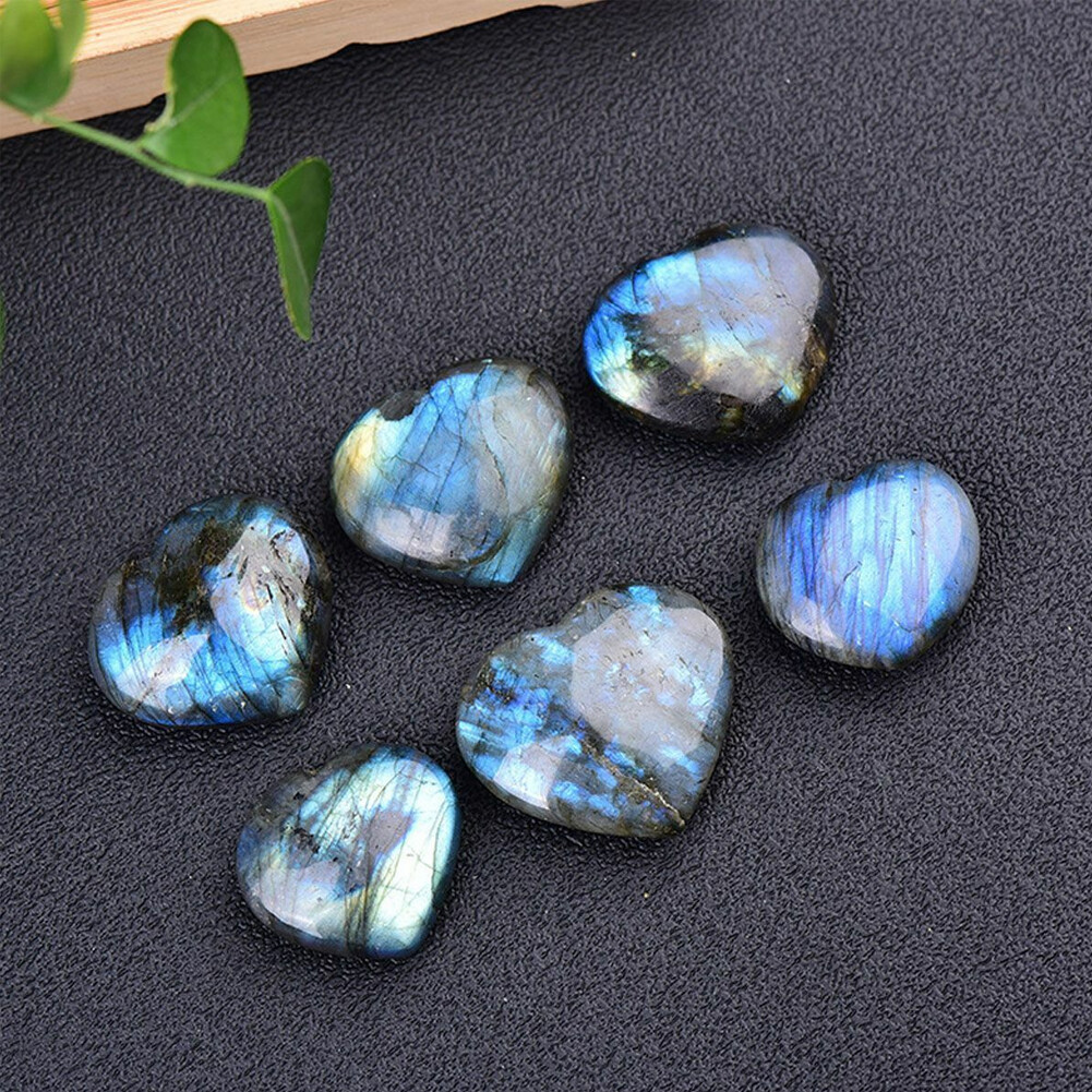 2PCS 40~45mm Natural Crystal Healing Heart Moonstone Polished Labradorite Stone~