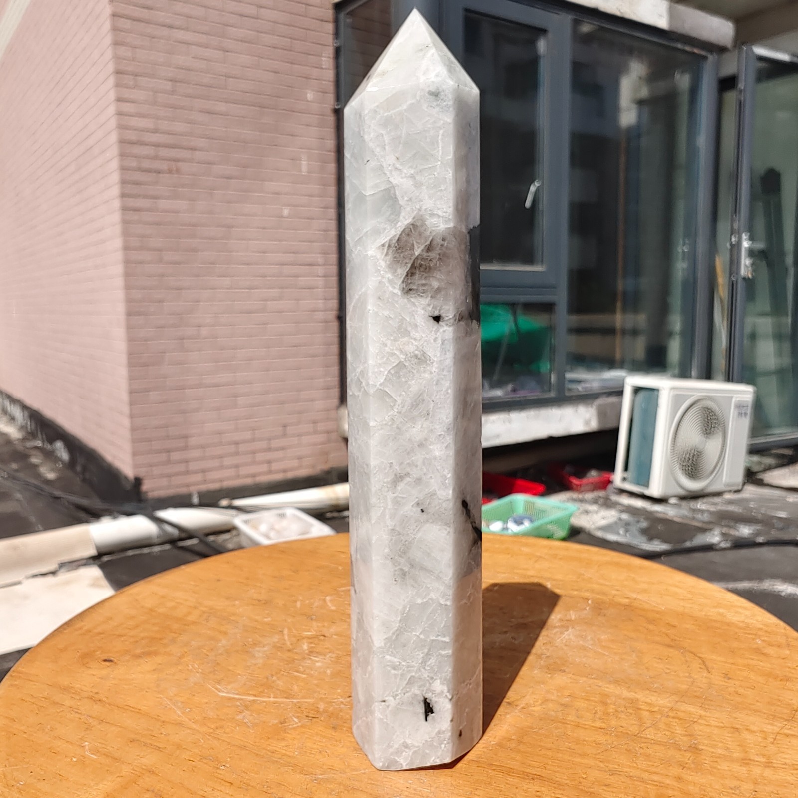 489g Large White Rainbow Moonstone Crystal Obelisk Tower Point Quartz Healing