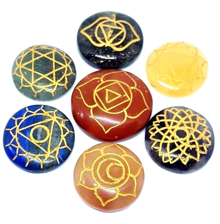 7 Chakra Gemstone Set Genuine Crystal Healing Reiki Round Set Carved Stone & Bag