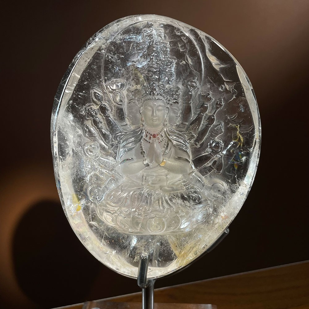 Clear Quartz Guan Yin Carving with Natural Red Fire Quartz & Rainbows Buddha