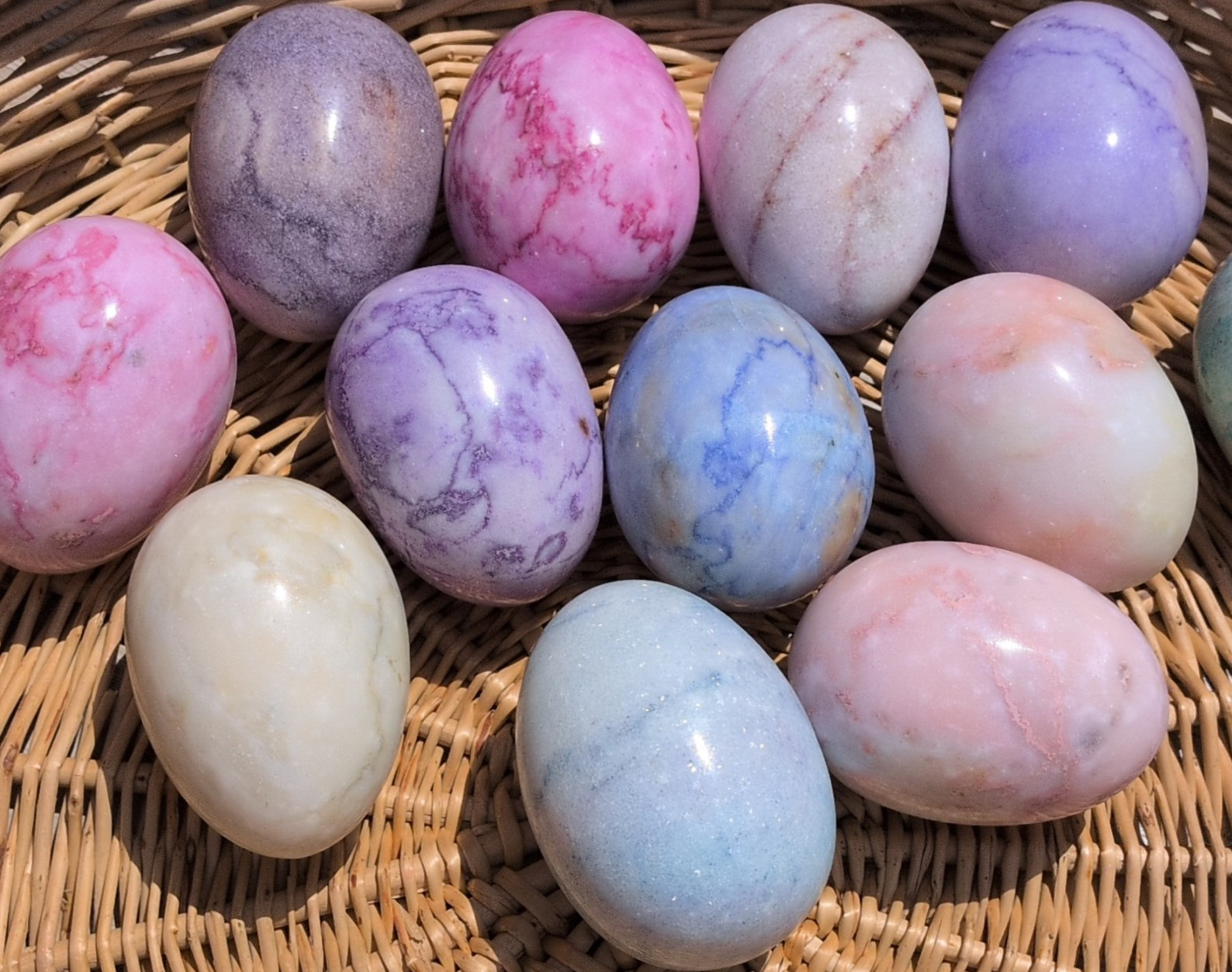 Lot of Polished Stone/Crystal Egg Specimens, Assorted Colors, Approx. 3 in