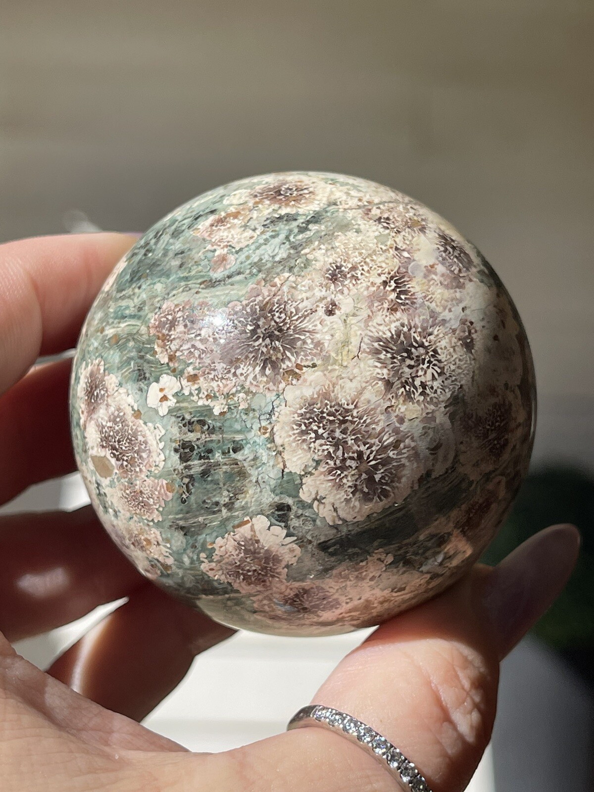 Natural Flower Jasper Sphere , Rhyolite Polished Orb , Green Russian Jasper 61mm