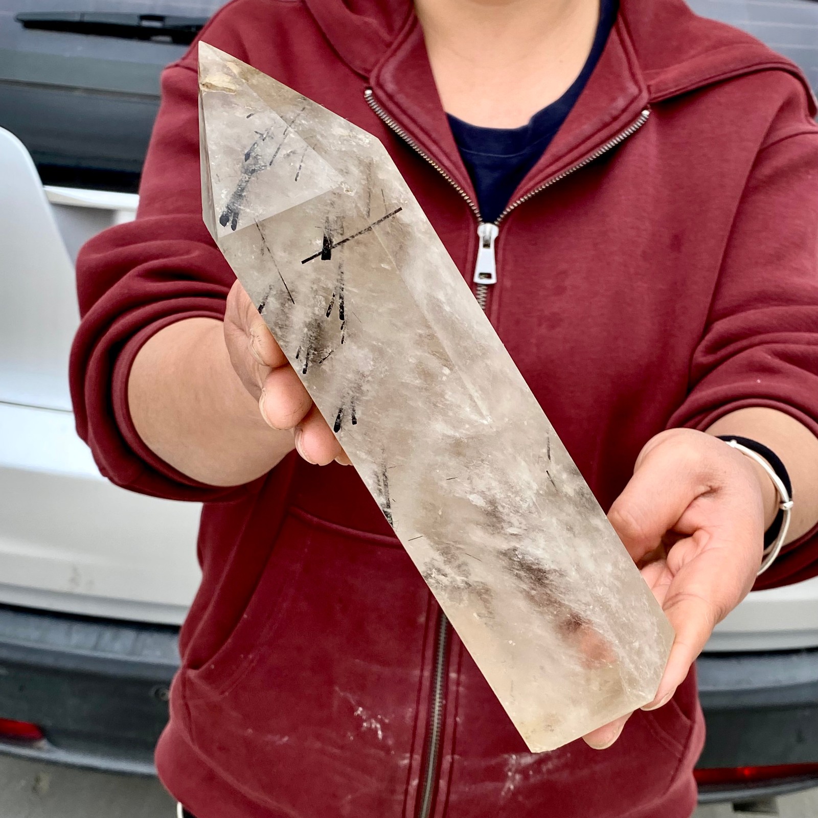3.5LB Natural Black Hair Quartz Obelisk Crystal Energy Point Wand Reiki Decor