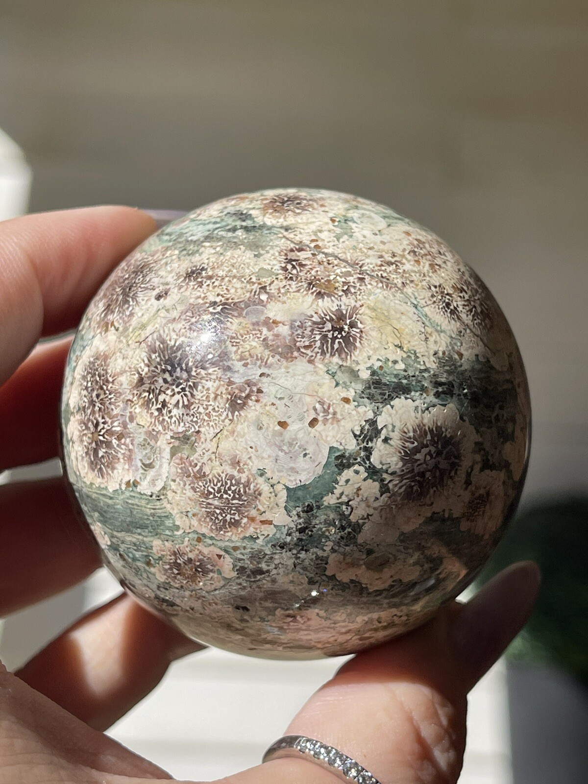 Natural Flower Jasper Sphere , Rhyolite Polished Orb , Green Russian Jasper 61mm