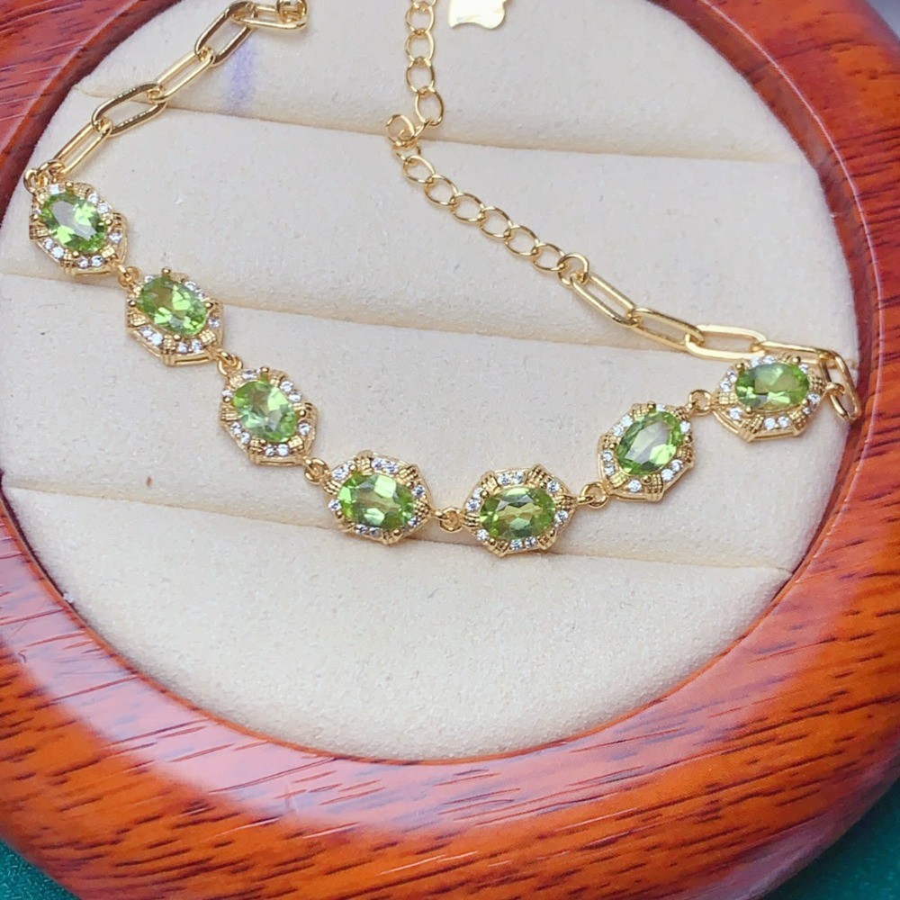 Natural Peridot oval bracelet Gemstone S925 Silver Plated 18K Gold Jewelry Gift