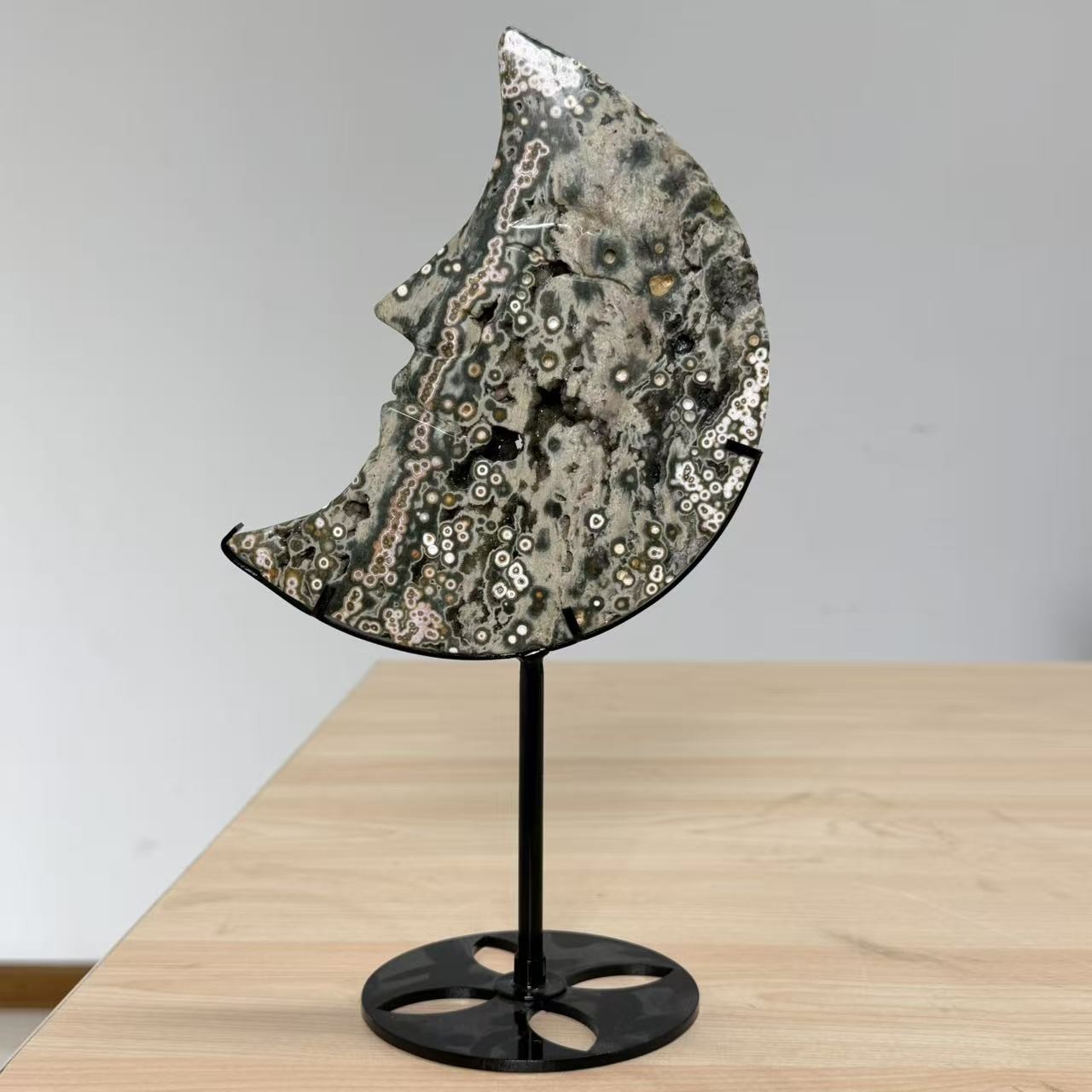 1.5LB Natural 8th Vein Ocean Jasper Crescent Moon Face Crystal Specimen Decor