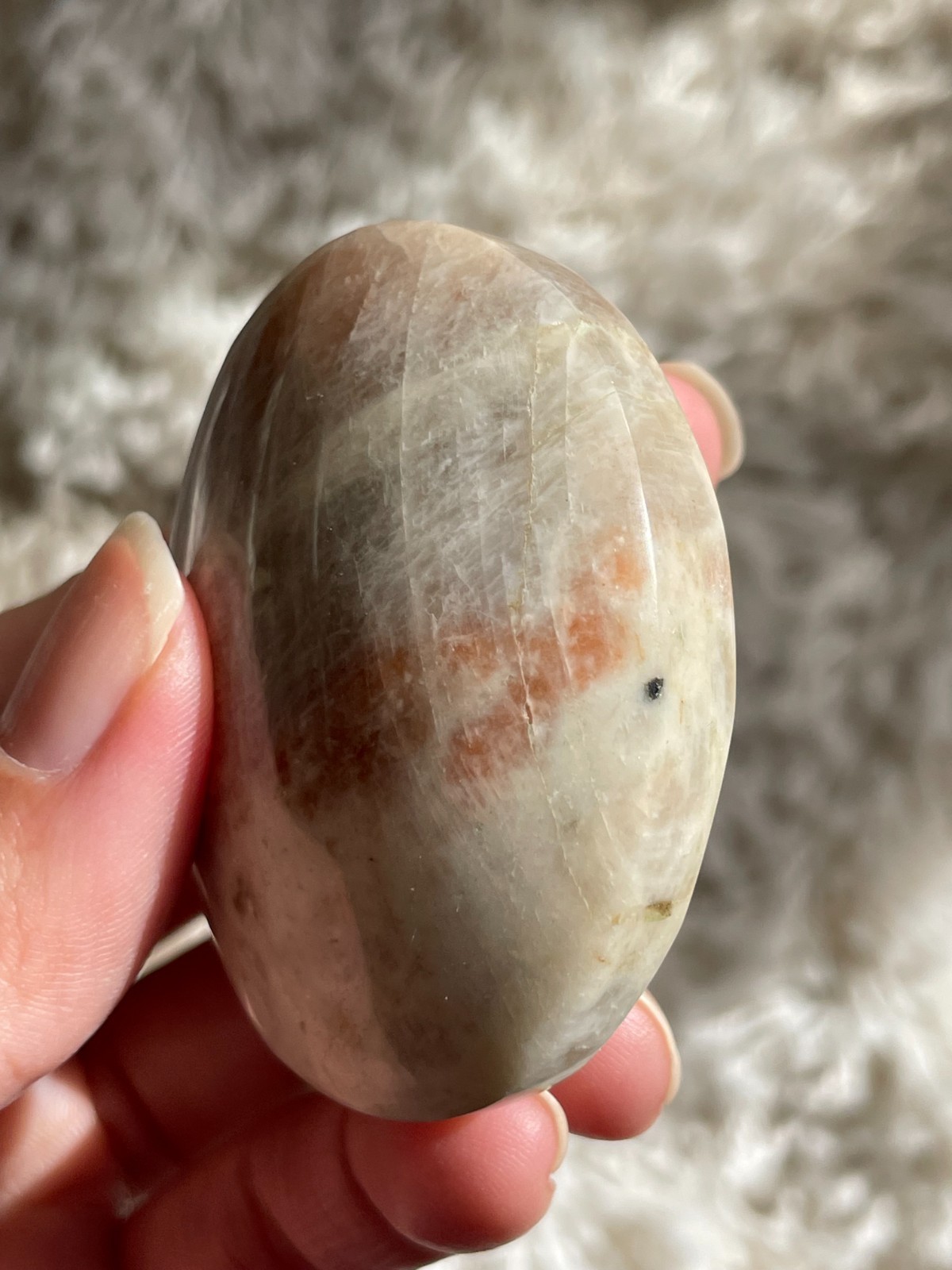 Rainbow Moonstone with Sunstone Palmstone, Medium – Light Flashes (MT)