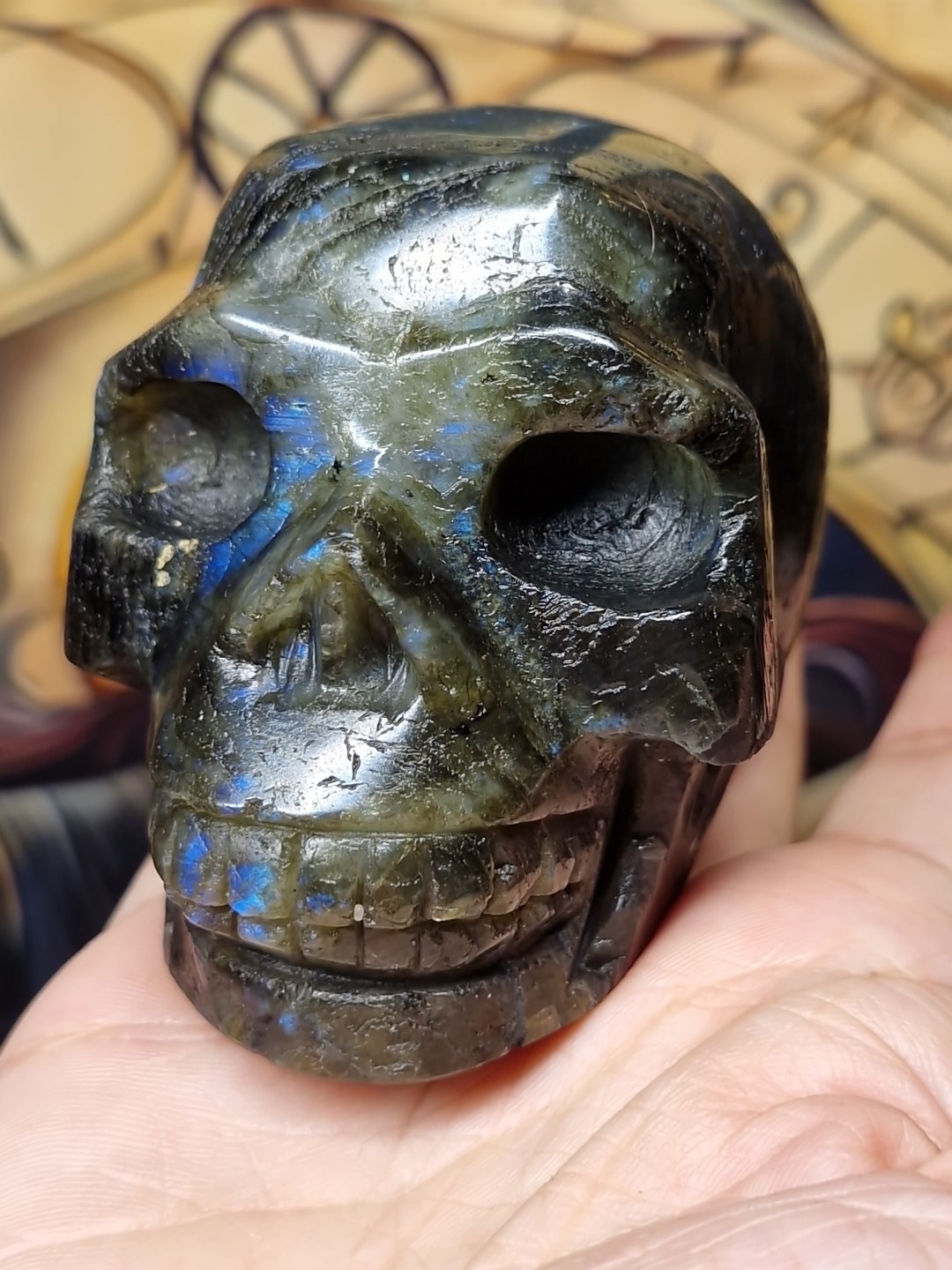 Dark Green Labradorite Crystal Human Skull Carving 84x62mm 436g