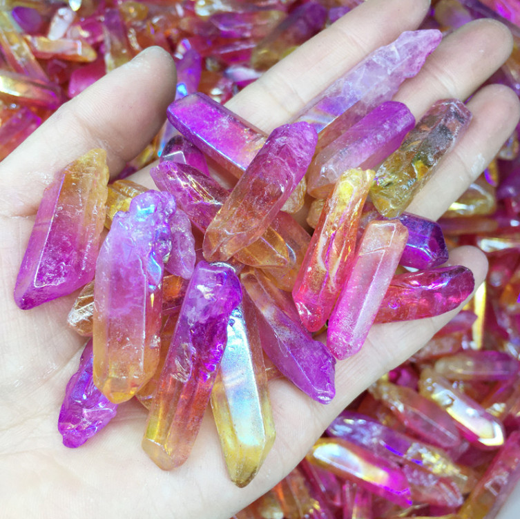 1pc Aqua Aura Quartz Crystal Point Purple Yellow Stone Points 3-5cm