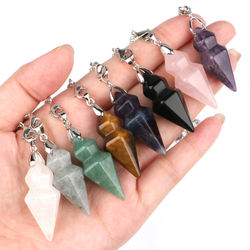 Natural Chakra Crystal Hexagonal Cone Spirit Pendulum Pendant Dowsing Gemstone