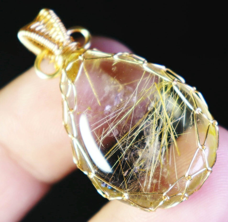 Natural Clear Golden Sun Rutilated Titanium Quartz Crystal Stone Pendant Healing