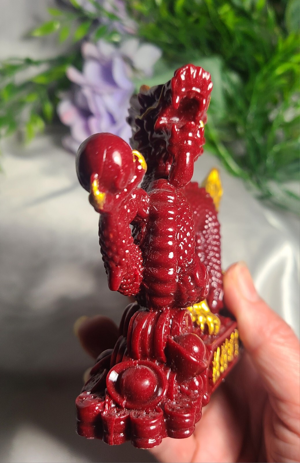 5.7″ Full Body Cinnabar Chinese Dragon w/ Sphere Crystal Stone Carving Statue