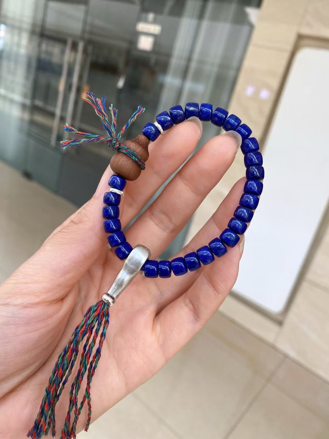 Genuine Polished Lapis Straight Cut Bead Wooden Hulu Ethnic Handmade Bracelet