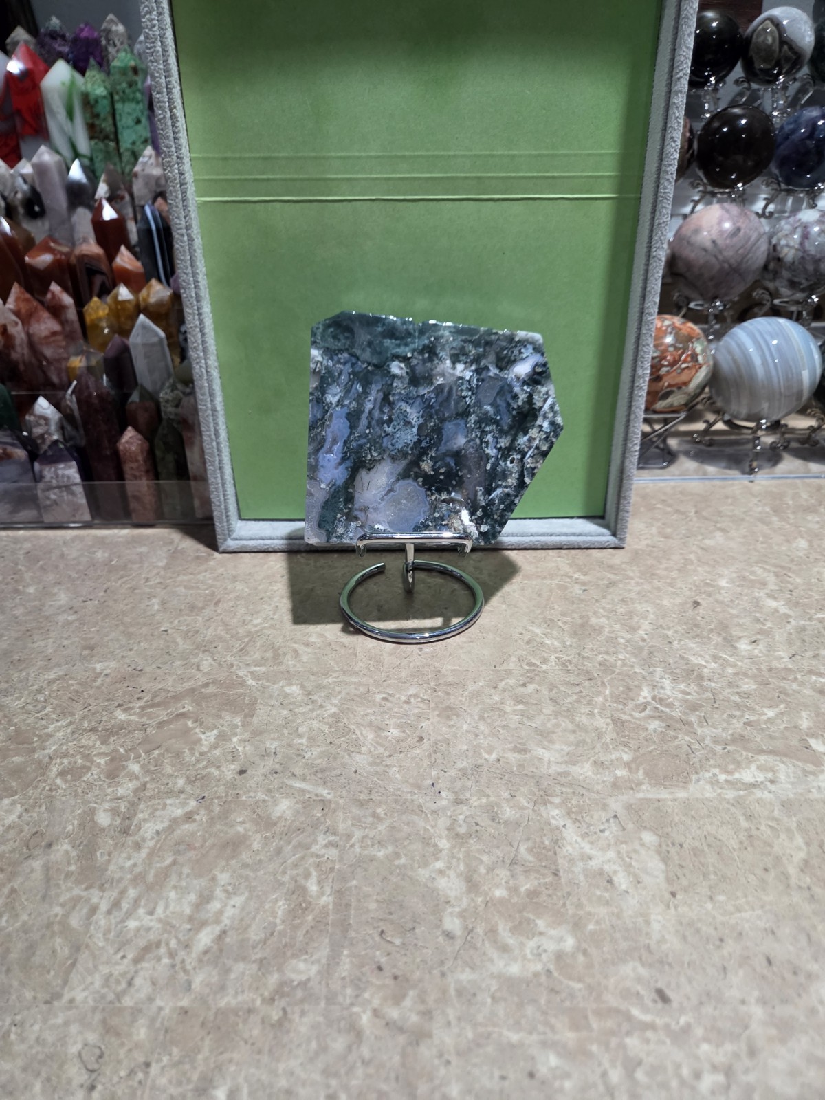 Crystal Blue & Green Moss Agate Slab With Druzy