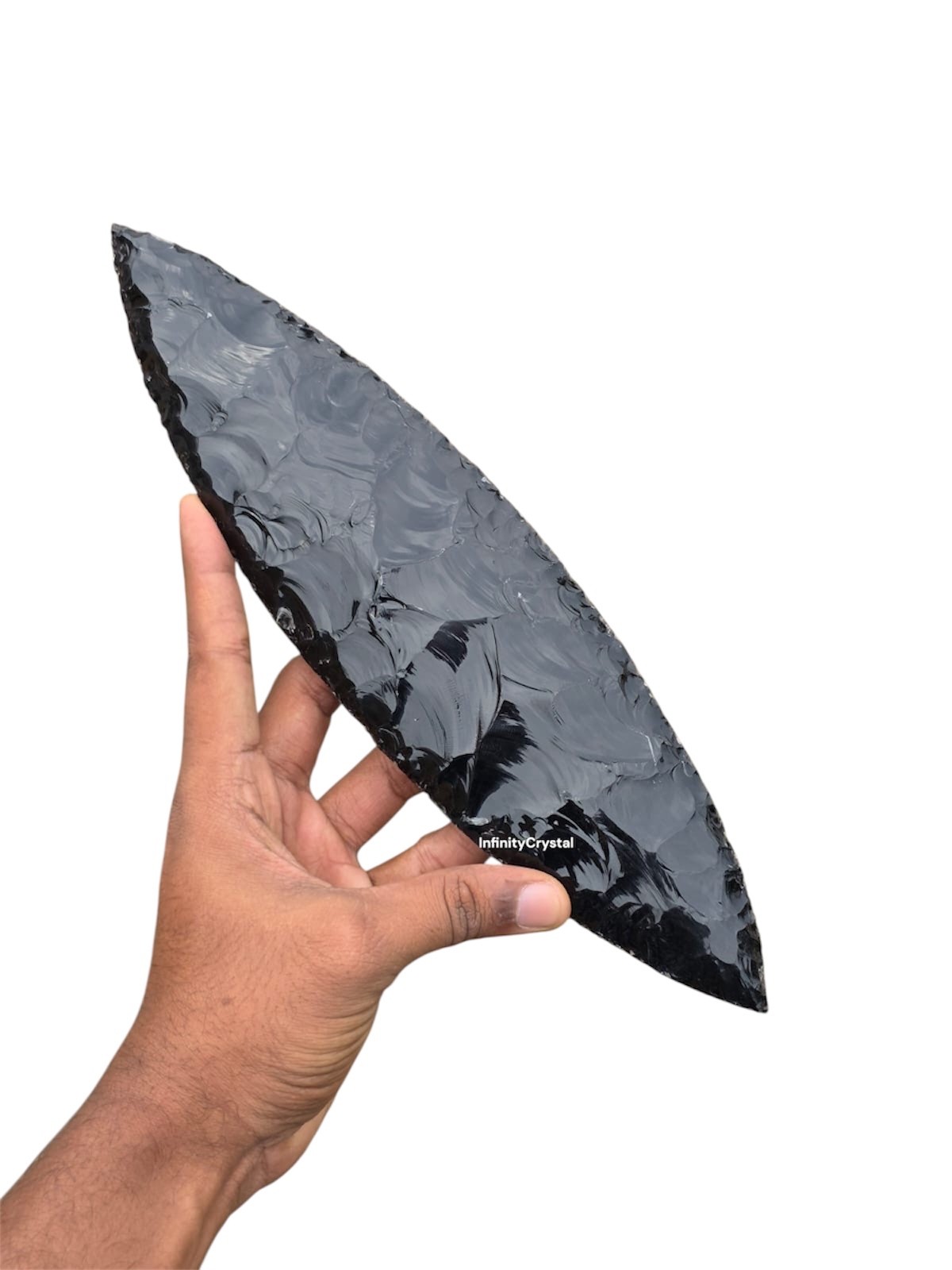 Large Black Obsidian Leaf Point Spearhead Handcrafted Arrowhead Display Piece.