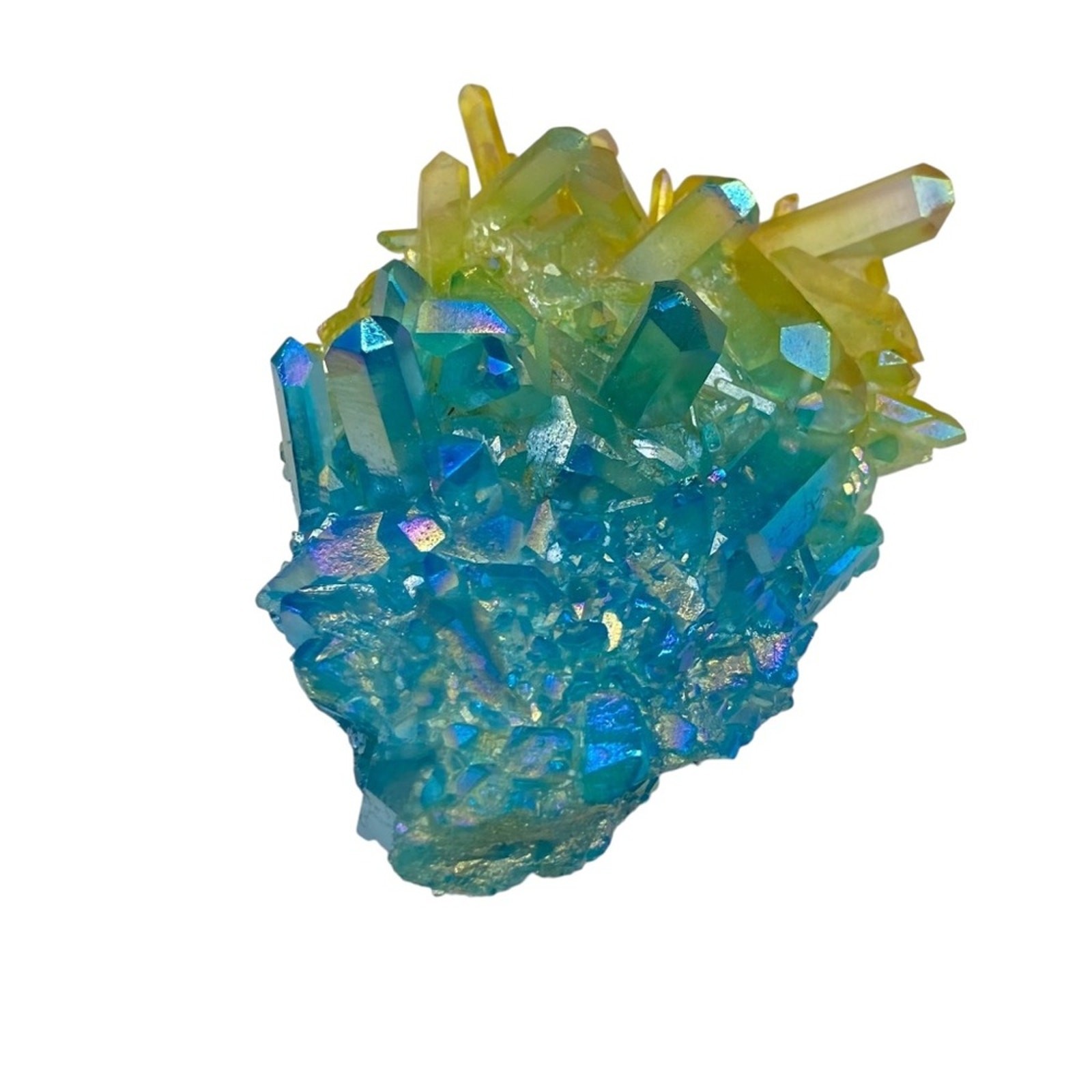 Aura Quartz Crystal Cluster Yellow Blue Clear Iridescent Stone Display Gift