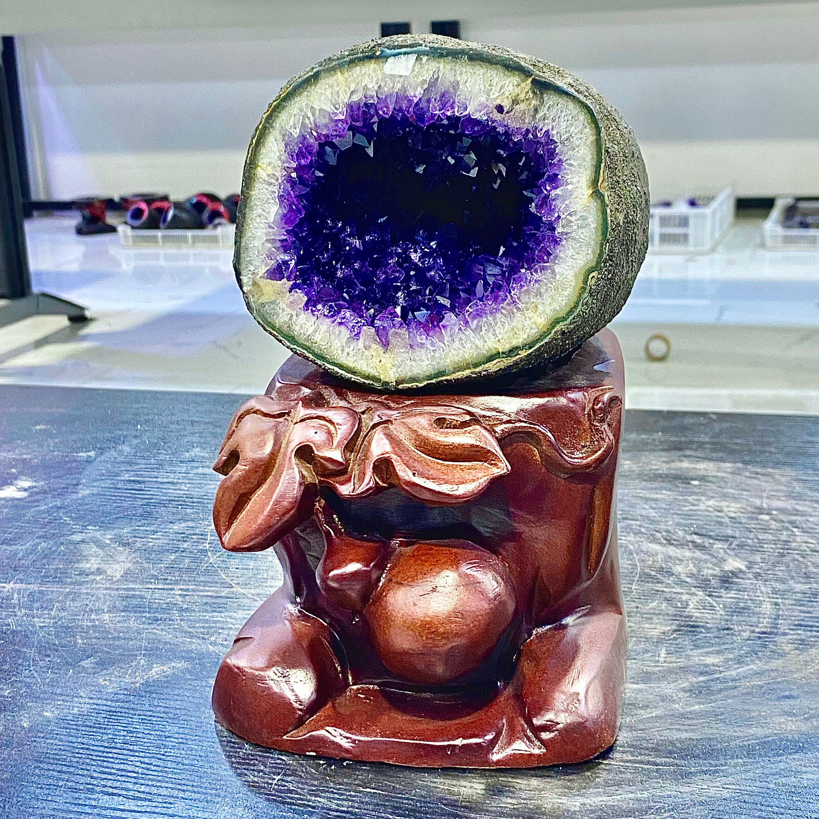 6.09LB Uruguay Natural Amethyst Money Bag Cave Decoration+Bracket