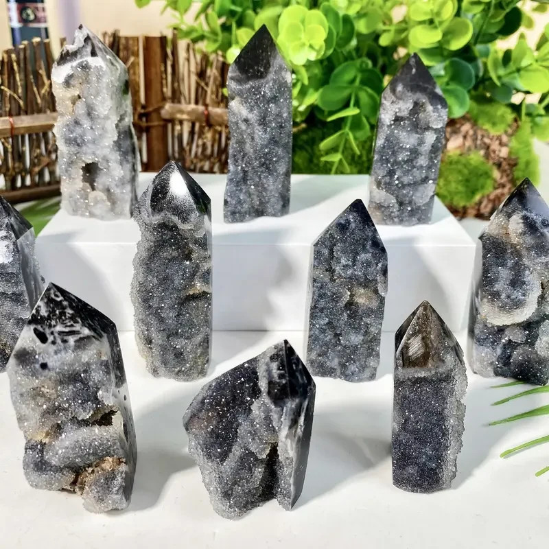 Black Sphalerite Crystal Tower Druzy Geode Obelisk Reiki Healing Crystal Gift