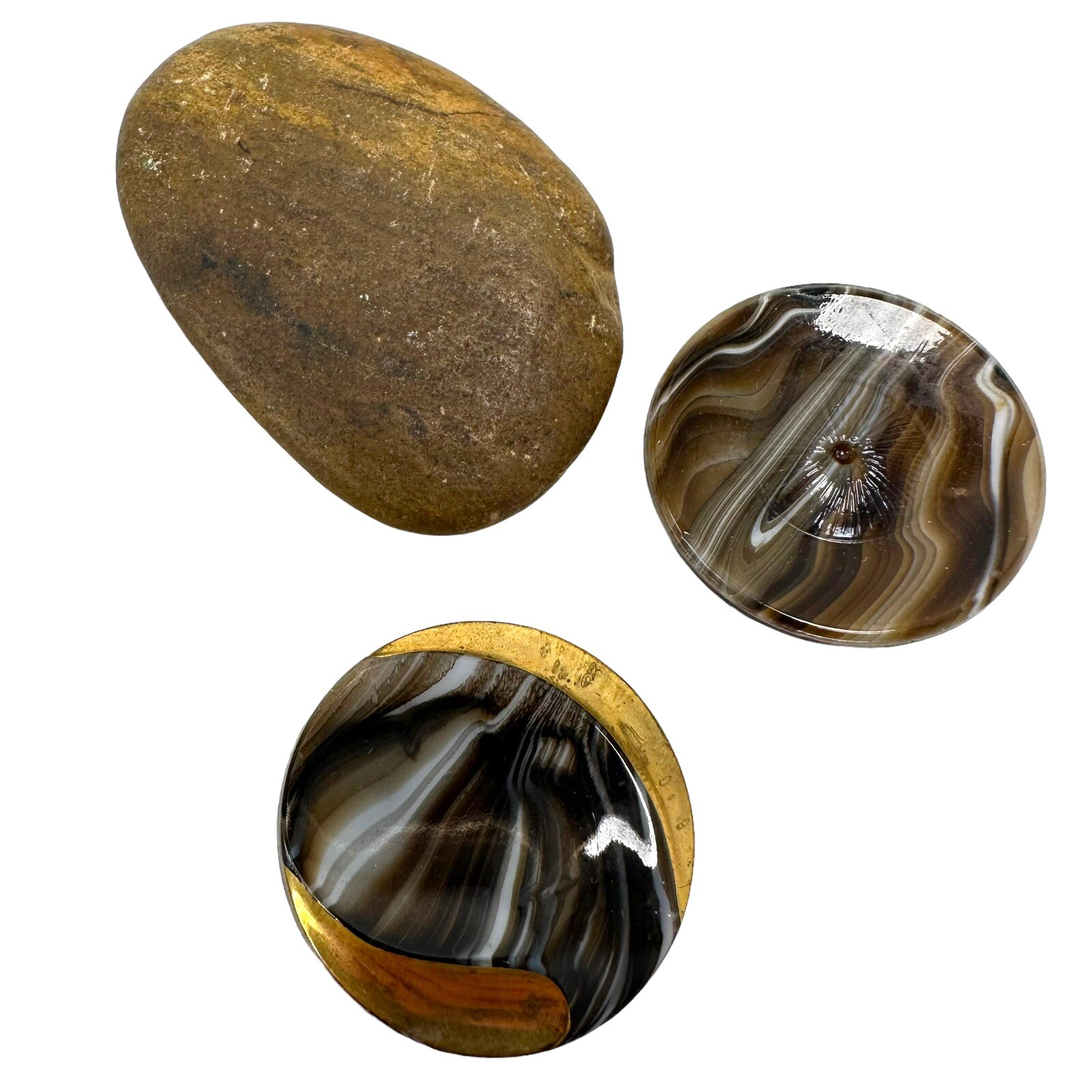 Vintage Concave Striped Worry Stone Set Of 2 And Interesting Flat Rock