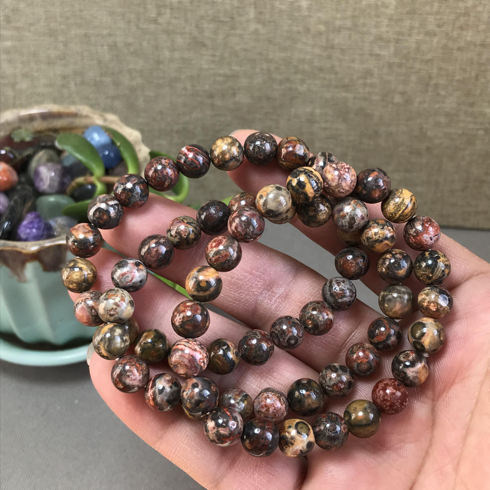 5Pcs Wholesal Natural Polish Leopard stone bracelets Crystal ball sphere 8mm