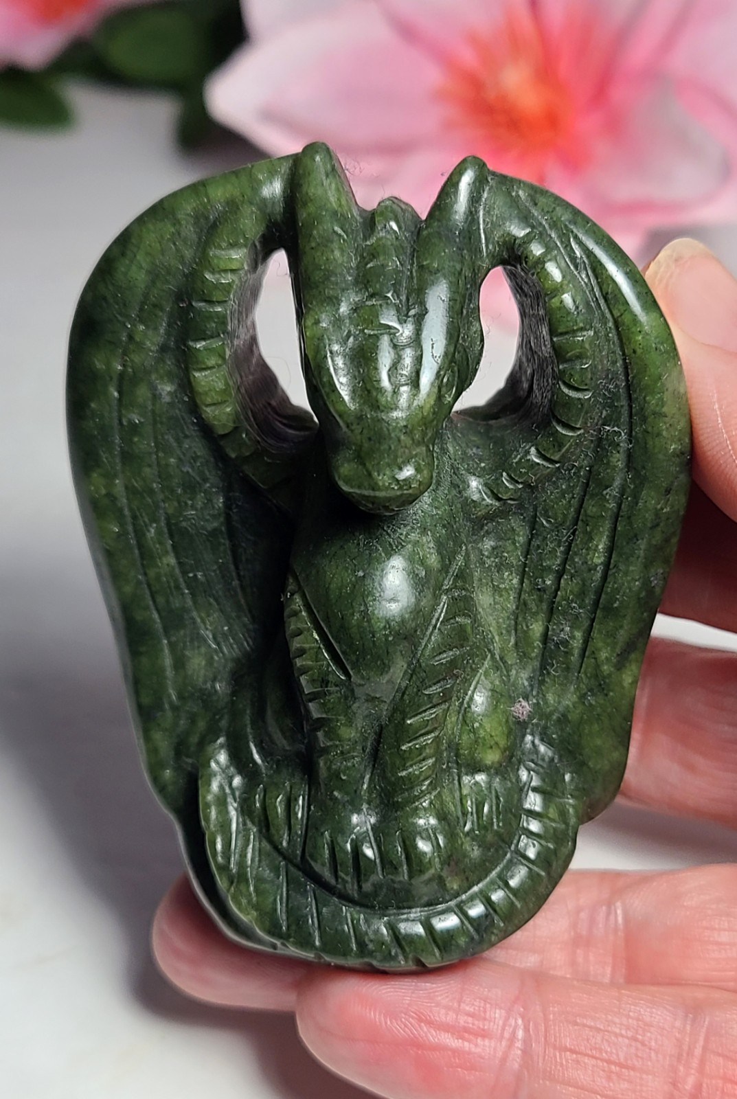 3″ 159g Detailed Green Serpentine Flying Dragon Crystal Stone Carving Statue