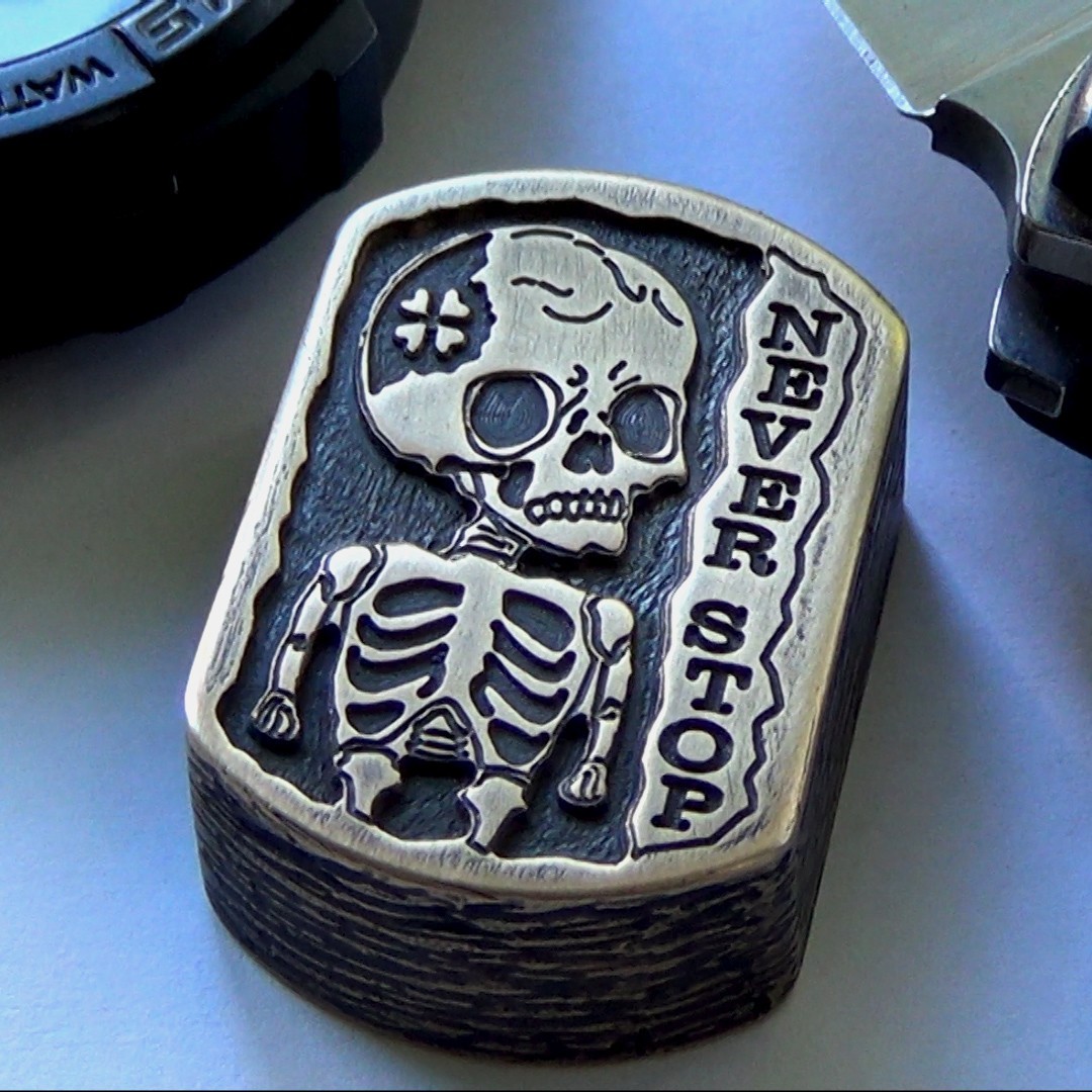 Brass Skeleton Motivational Coin Never Stop – Worry Stone Pocket Token Fidget To