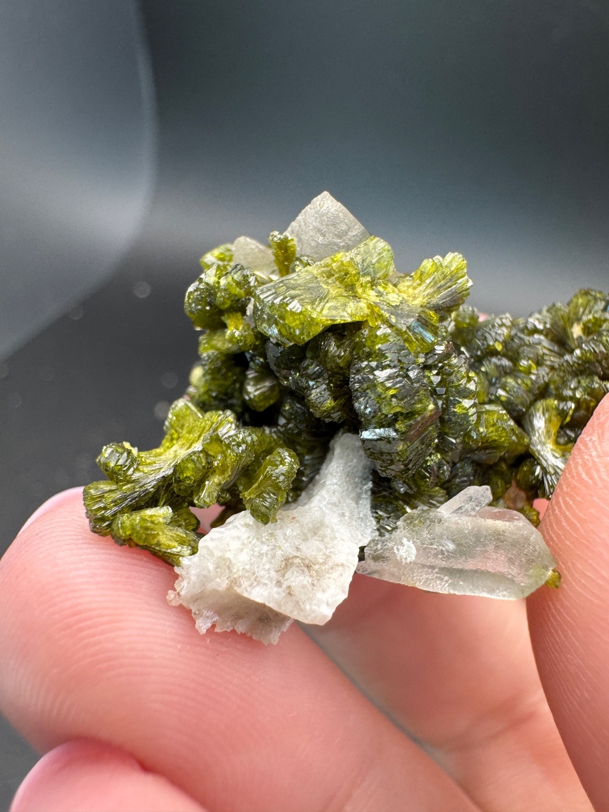 6804 High Quality Gemmy and Bright Green Epidote on Quartz in Perky 15g Morocco