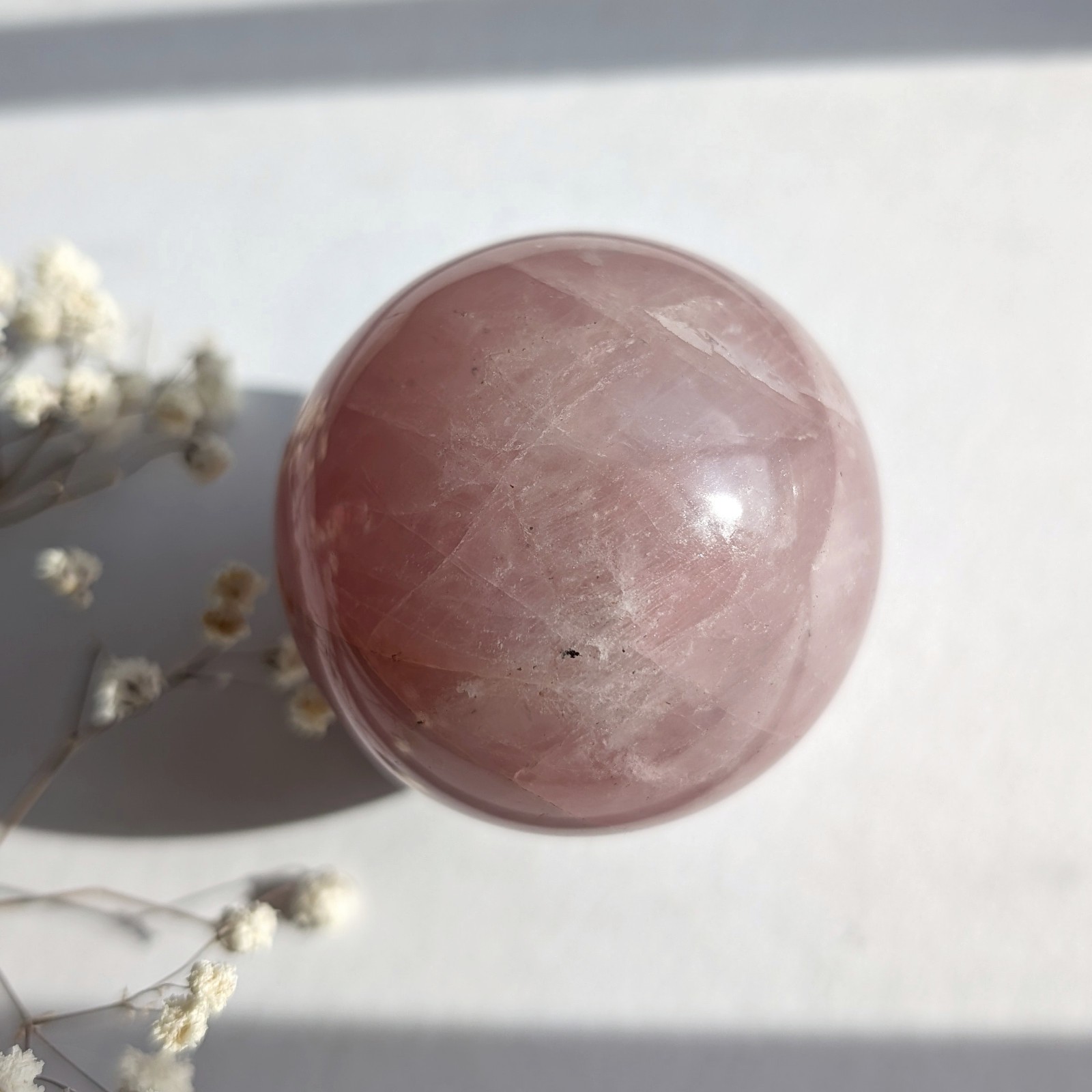 52mm bubblegum rose quartz crystal sphere, saturated & shimmery, pink crystal