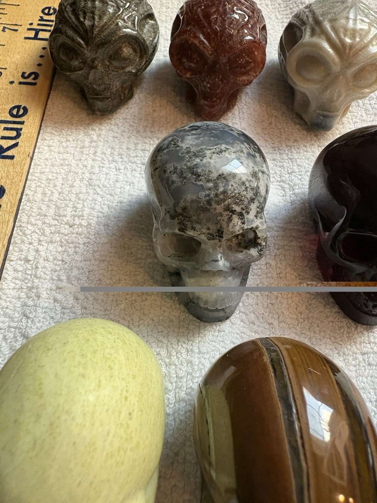Lot If 8 Mini Skulls Human And Alien Green Moss Agate Pyrite Tiger Iron Eye
