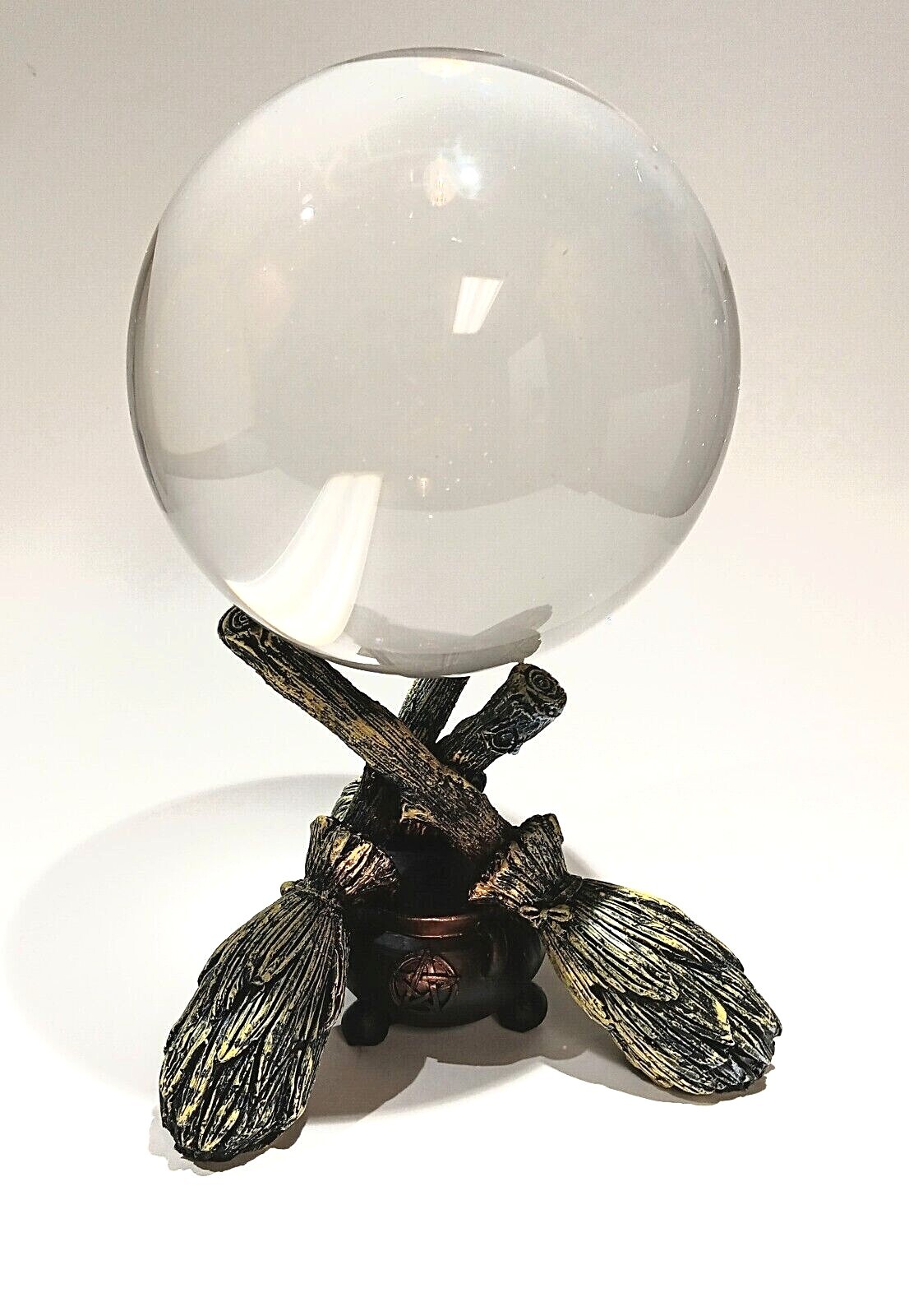 K9 Clear Crystal Ball with Witch Broomstick & Cauldron Stand 4 sizes