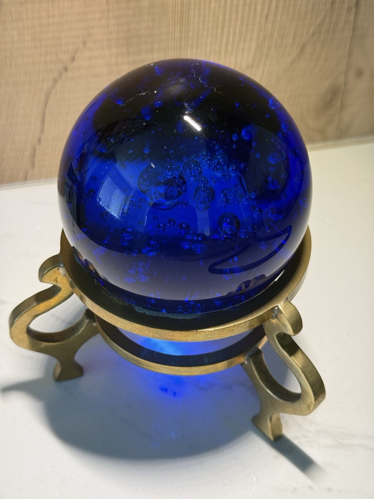 COBALT BLUE CRYSTAL GLASS BALL with BRASS STAND Fortune SPHERE Bubbles