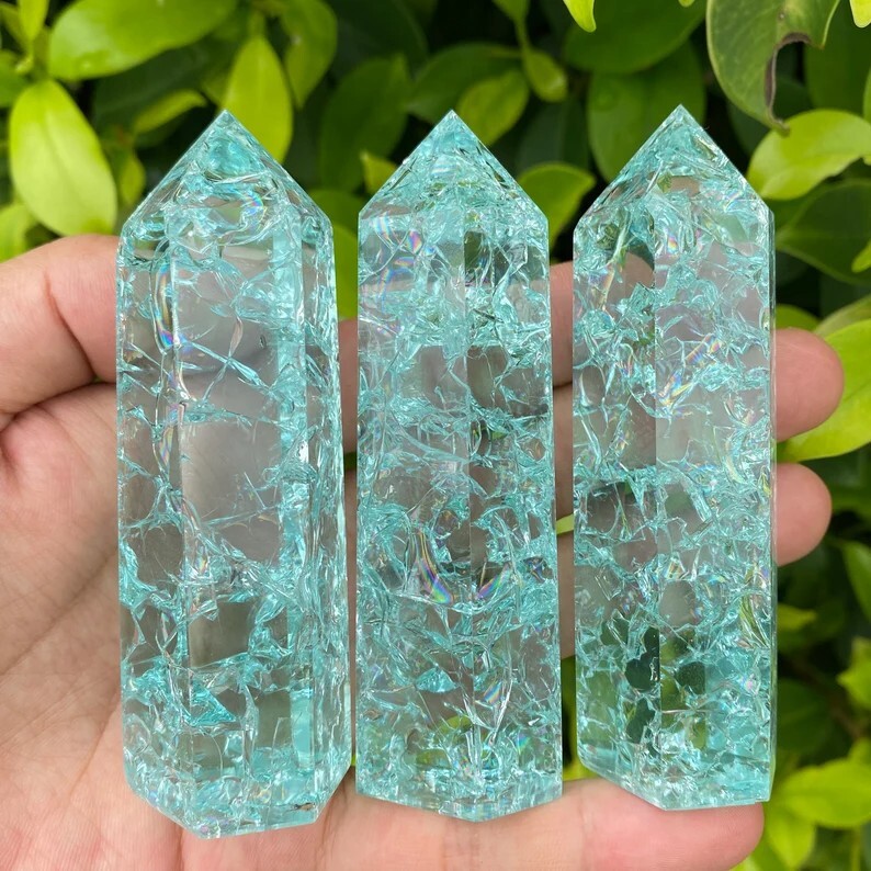 Blue Crackle Quartz Tower Blue Clear Crystal Obelisk Meditation Healing Tower