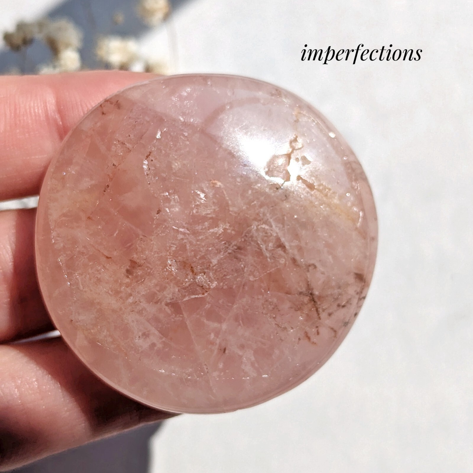 1.5″ rose quartz flat disk with iron inclusion, rose quartz crystal flat stone