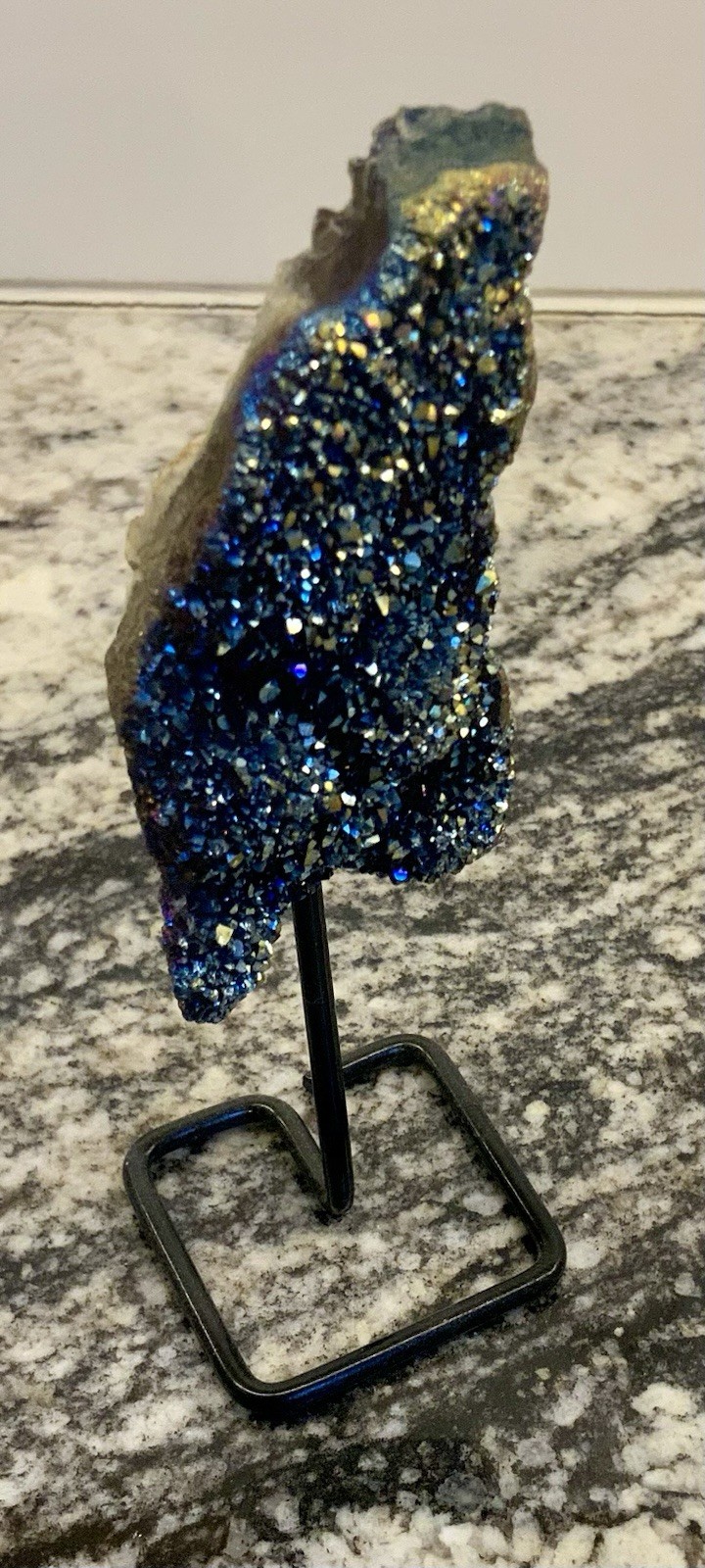 Colorful Rainbow Aura Titanium Quartz Crystal Bismuth cluster On Metal Stand