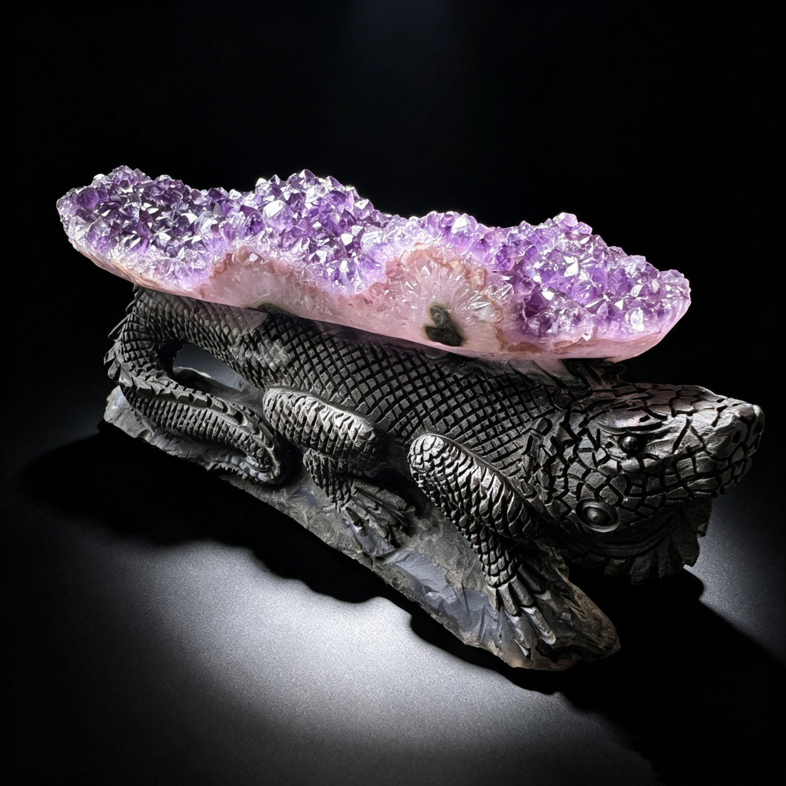 Hand Carved Amethyst Cluster Lizard Figurine Natural Crystal Reptile Sculpture 7