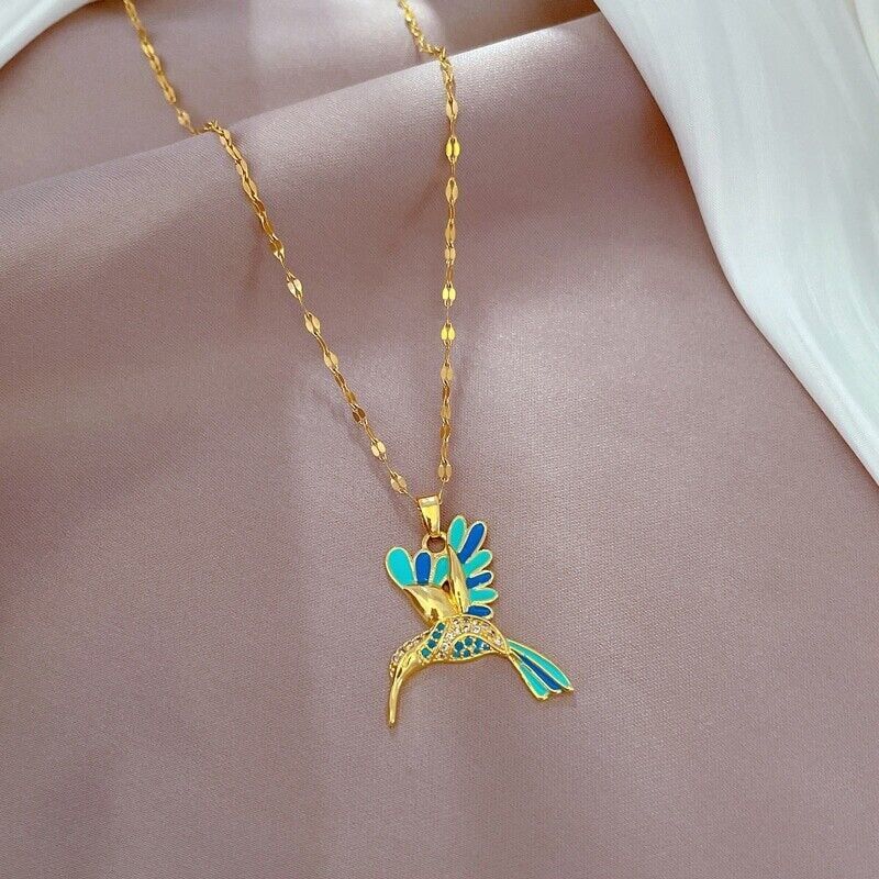 Women’s Fashion Jewelry Gold Cubic Zircon Blue Hummingbird Pendant Necklace 1PC