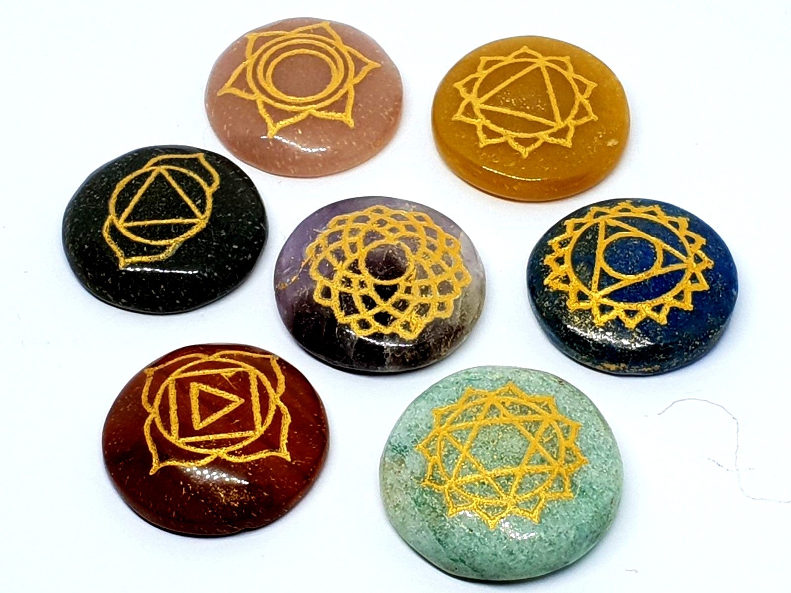 7 Chakra Gemstone Set Genuine Crystal Healing Reiki Round Set Carved Stone & Bag