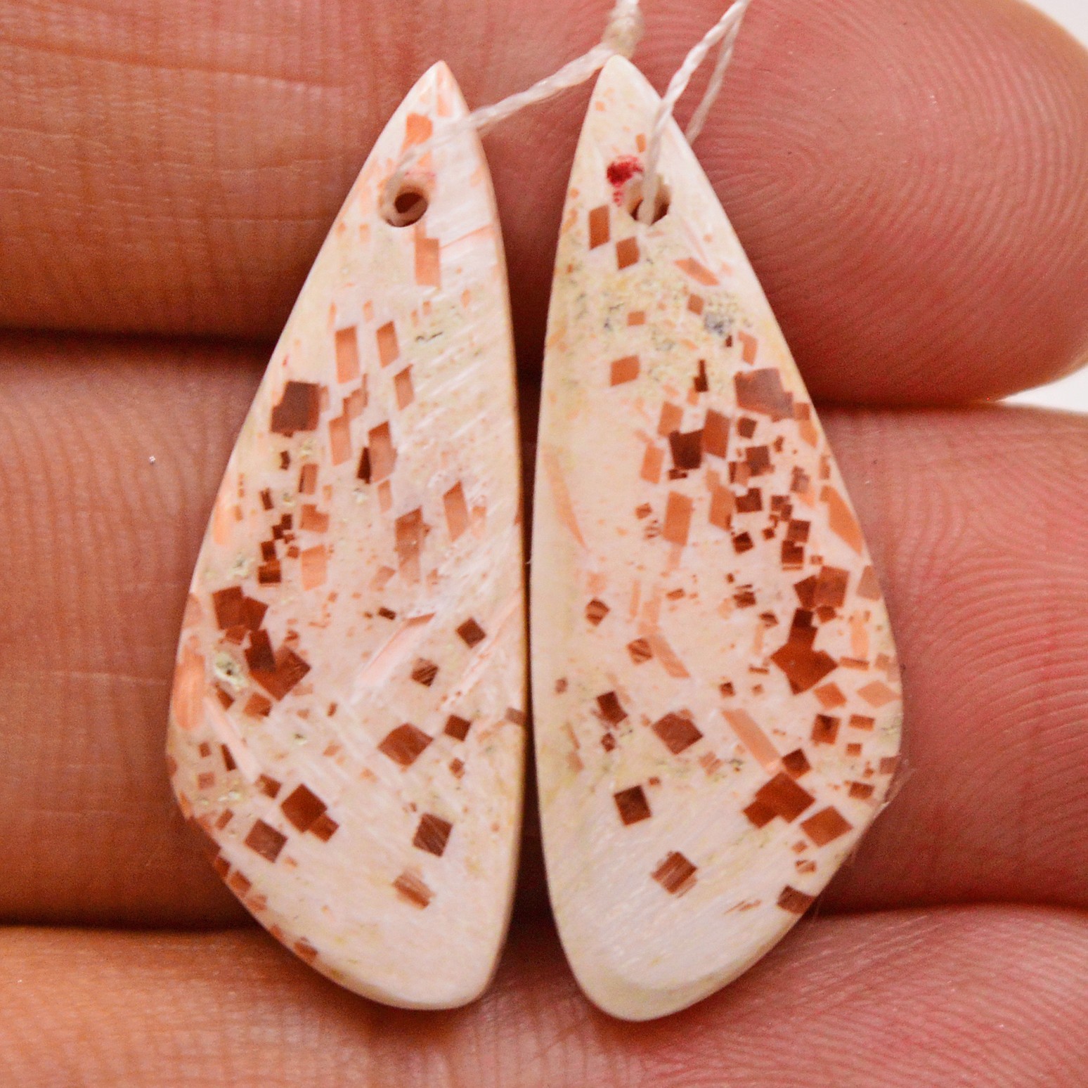 11Cts Natural Pink Scolecite Pair Cabochon Front Drill Earrings 21x9mm #P3205