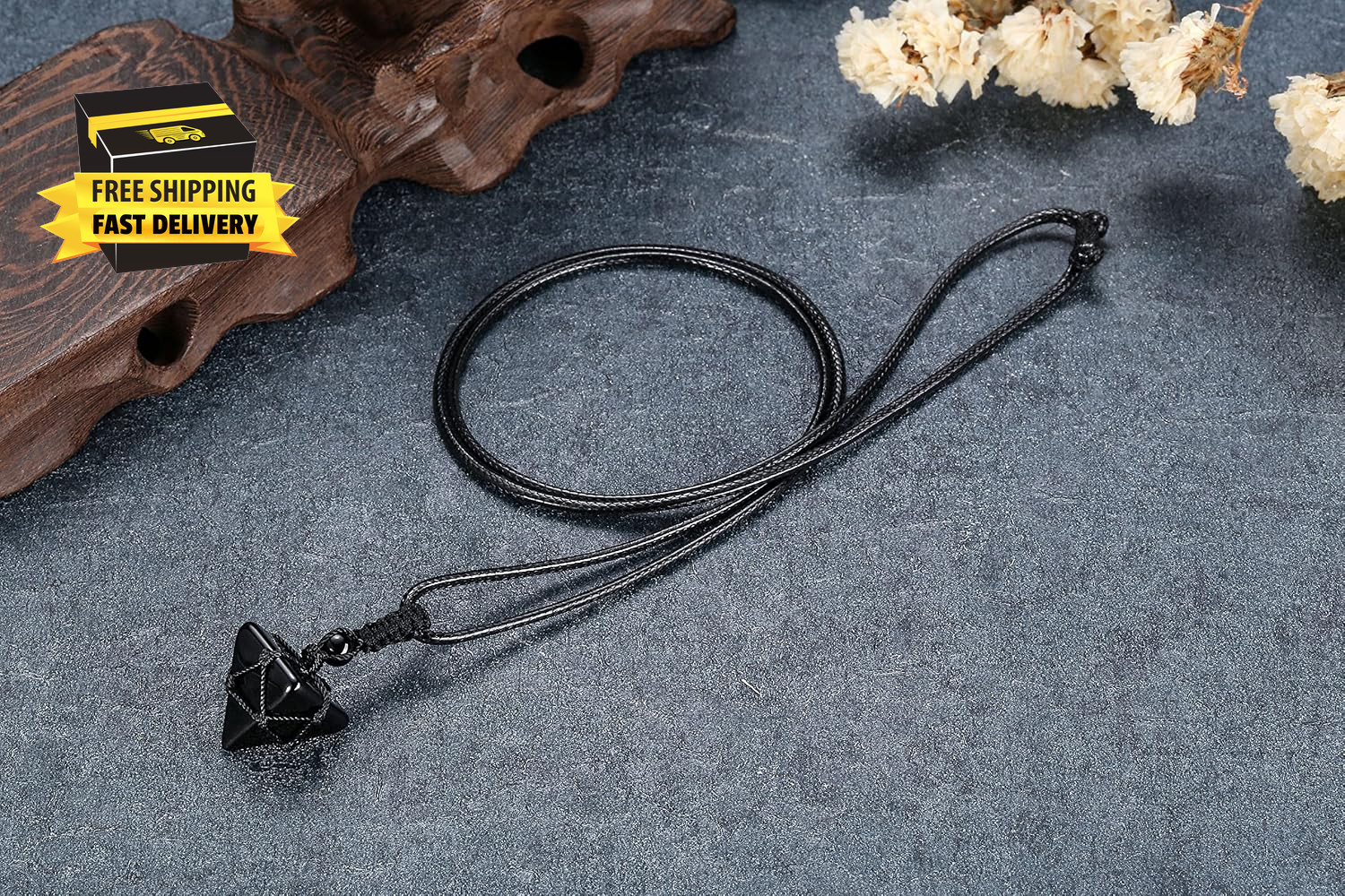 Healing Crystal Necklace Natural Black Obsidian Pyramid Gemstone Stone Pendant N