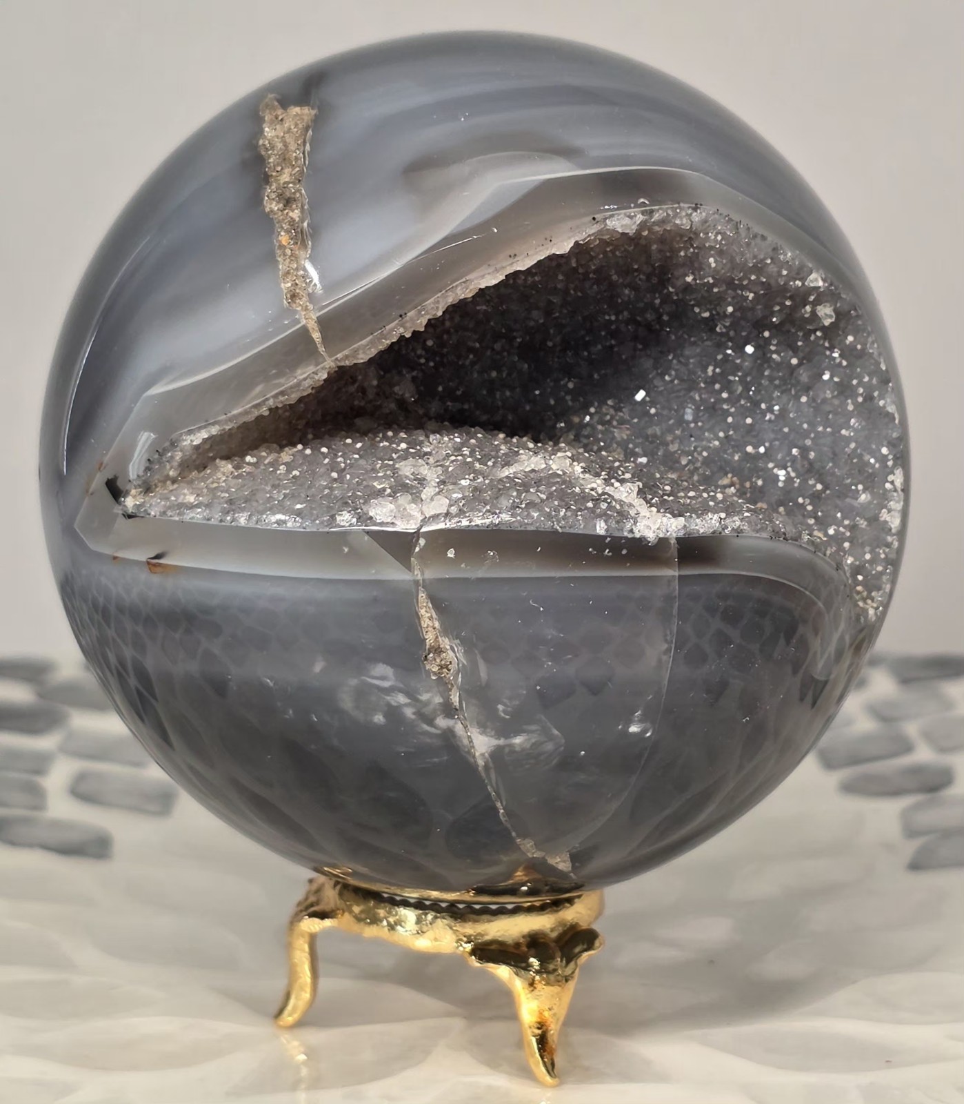 1.98LB 3.5″Natural Druzy Agate Sphere Healing Crystal Ball Home Decor Quartz Vug