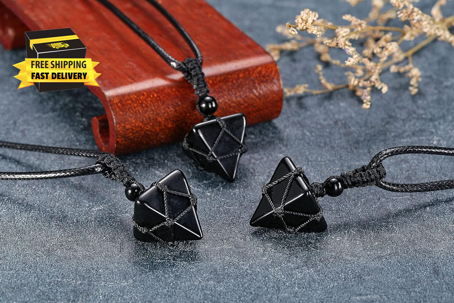 Healing Crystal Necklace Natural Black Obsidian Pyramid Gemstone Stone Pendant N
